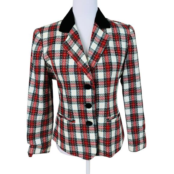 Vintage Jackets & Blazers - Vintage Size 6P Plaid Blazer Jacket Velvet Red Black Gold Metallic Holiday